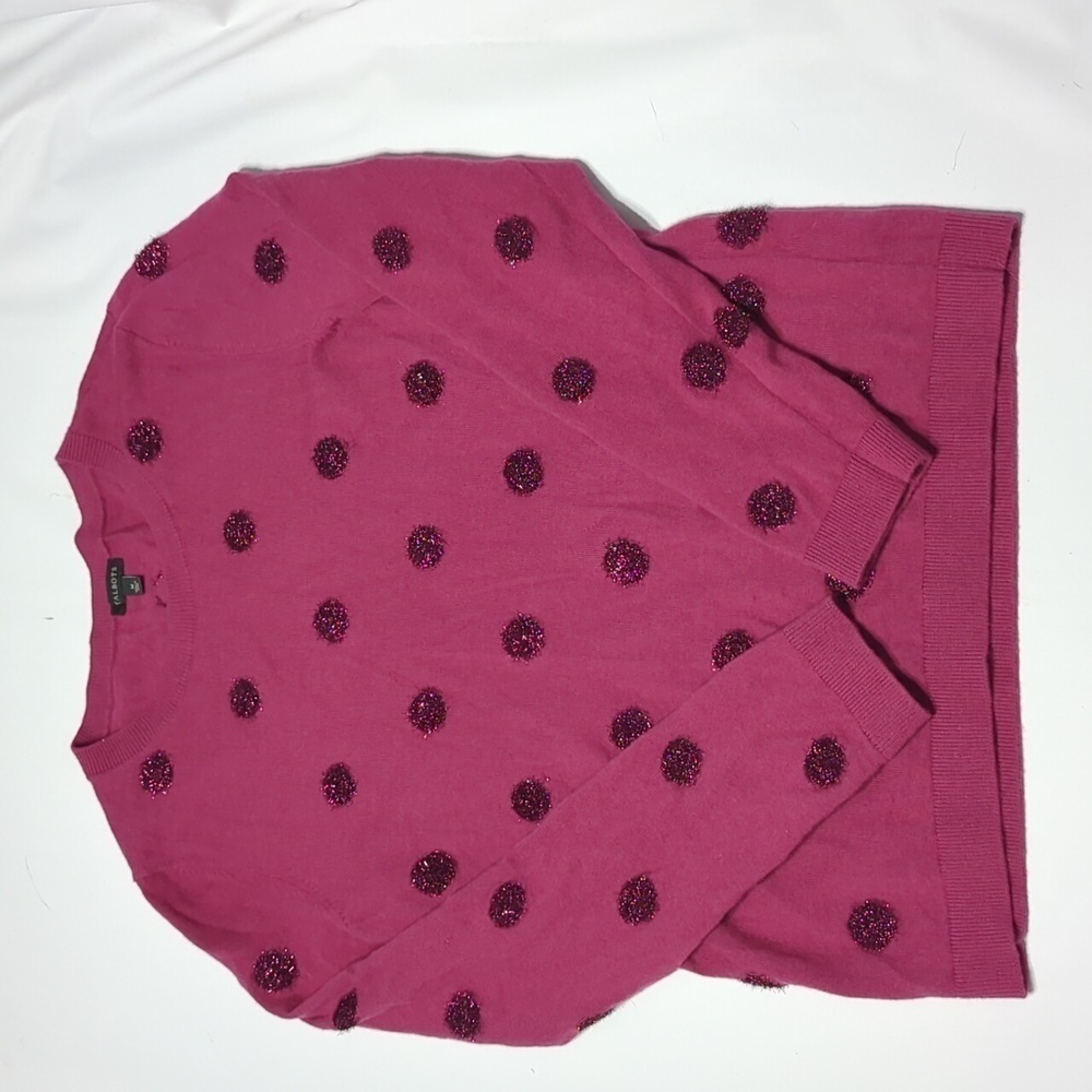 Talbots Women's Sweater Tinsel Dot Pink Metallic Lambs Wool Christmas Holiday M - Picture 2 of 9